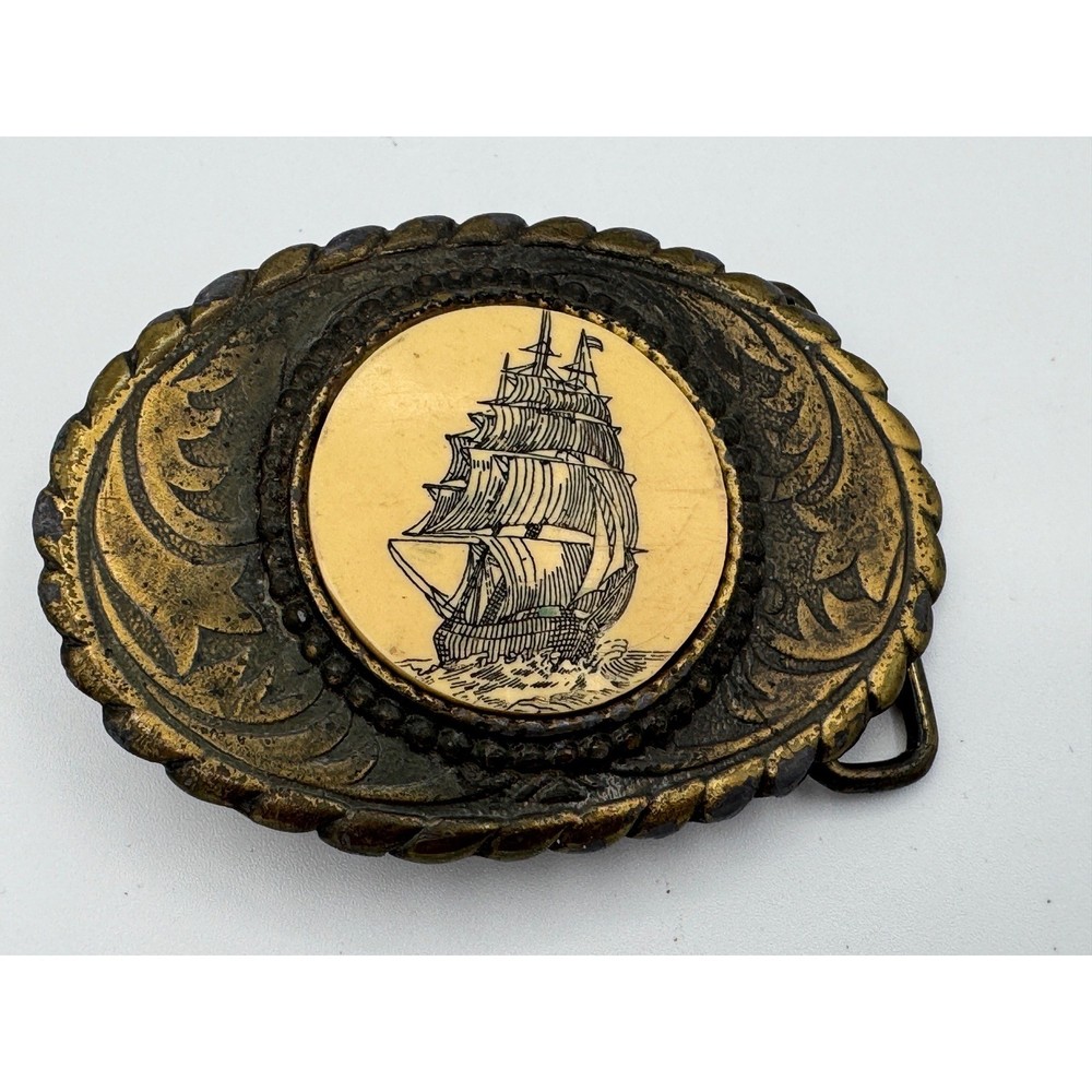 Vintage Oden Inc Brass Nautical Tall Ship Belt Buckle Oval Scrimshaw Style
