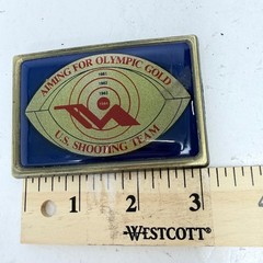 Vintage 1984 Los Angeles Olympics US Shooting Team Brass Belt Buckle Aiming Gold
