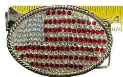 Red White Crystals Rhinestones USA American Flag Large Silver Oval Belt Buckle