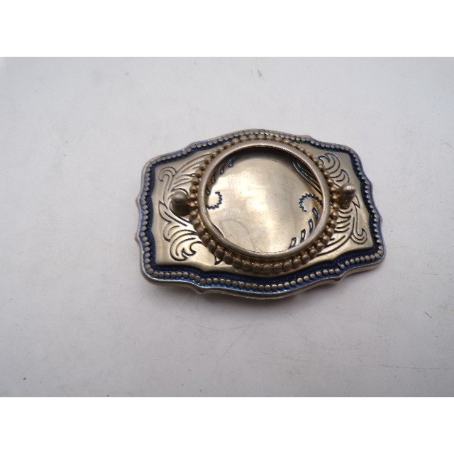 Vintage Western Belt Buckle Gold Tone Blue Enamel Floral Engraved Scalloped Edge