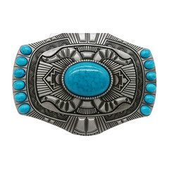 Men Dark Silver Metal Buckle Rodeo Western Turquoise Blue Beads Floral Filigree
