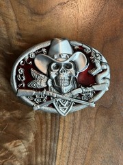 NEW RED WESTERN COWBOY SKULL GUN BELT BUCKLE RIFLES