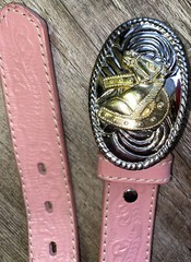 Horse Shoe Pink Tooled Leather Belt Buckle Barrel Rider Rodeo 26 Cowgirl Country
