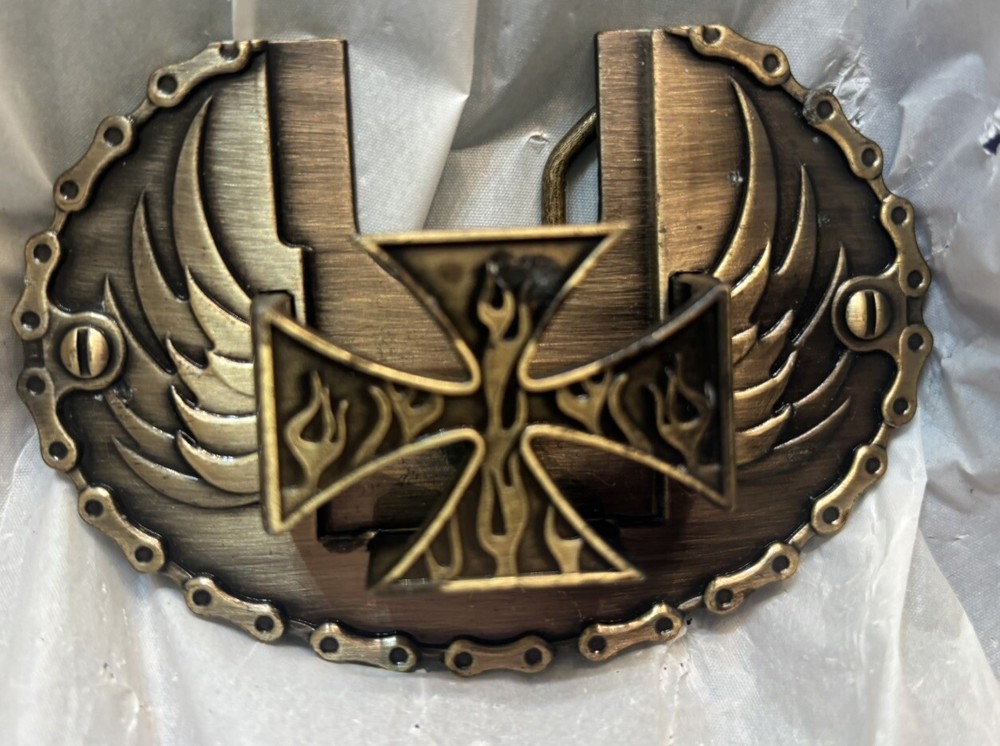 Gothic Iron Cross Insert Bikers Belt Buckle Gold Wings
