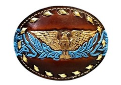 EAGLE Belt BUCKLE w/ GOLD BUCKSTITCHING Lg HANDMADE Brown LEATHER Western/Biker