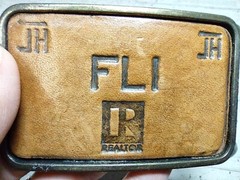 Vintage FLI Realtor JH Branded Leather and Brass Belt Buckle 3&Prime; by 2&Prime;