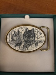 Vintage Barlow Brass & Faux Scrim Shaw Etched Wolf Belt Buckle