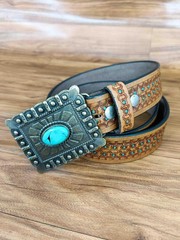 Paul Walter Antique Brass Concho Buckle with Turquoise Large (36-38), Brown