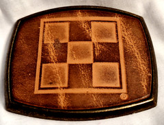 Belt Buckle Cast Brass w Dyed Embossed Leather El Cid Chess Checkers 2.5&Prime; X 3&Prime;