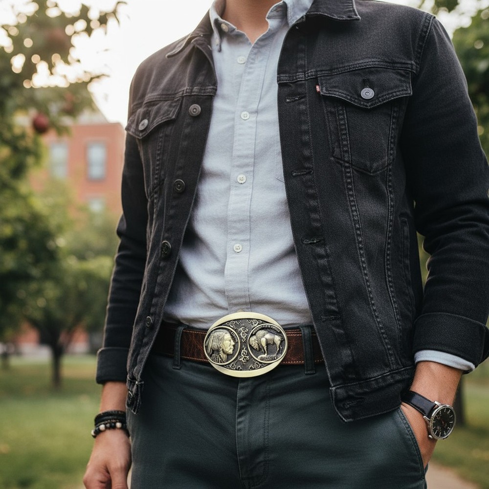 NEW Men Antique Gold Metal Fashion Belt Buckle Native Buffalo Bull 5 Cents Coin