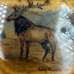 Betty Loucks Belt Buckle Brown Hand Painted Elk Antler Vintage 1985