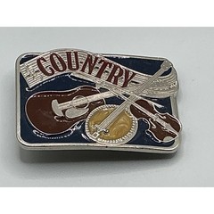 Vintage Country Music Belt Buckle Guitar Banjo Fiddle Made in USA Blue Enamel