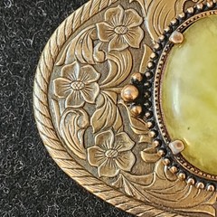 Vintage Western Floral Belt Buckle Yellow-Green Serpentine-Style Stone