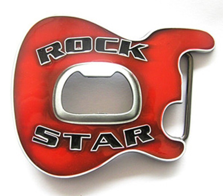 ROCK STAR MUSIC LOVERS RED ENAMEL BELT BUCKLE WITH « BOTTLE OPENER »