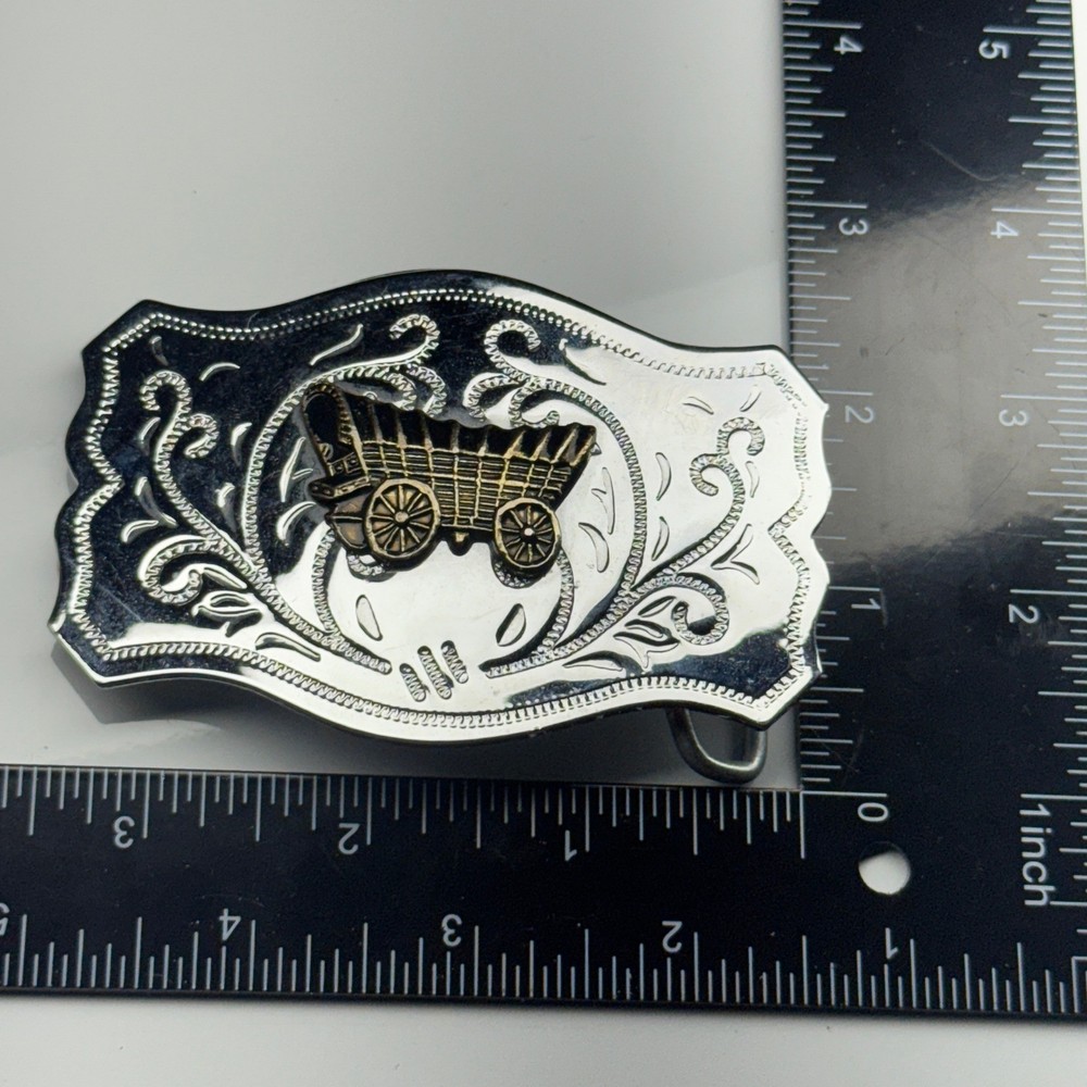 Western Covered Wagon Belt Buckle Ornate Silver Tone Western Style