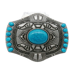 Men Silver Metal Buckle Rodeo Western Decorative Turquoise Blue Beads Jeans Pant