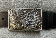 Patriotic Buckle & Black Bonded Leather Belt Sz 44 God Bless America Eagle Flag