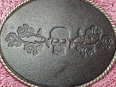 Skull With Roses & Brambles Belt Buckle on Stamped Black Leather 3.75&Prime; x 3&Prime;