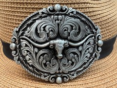 Antiqued Silver Oval Long Horn Bull Skull Floral Classic Western Belt Buckle