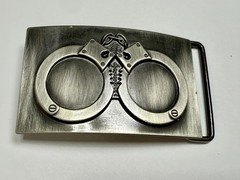 Hand Cuffs Raised Handcuffs on Silver Color Rectangular Belt Buckle