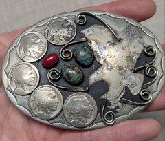 vintage HANDCRAFTED belt buckle INDIAN HEAD native american TURQUOISE nickel