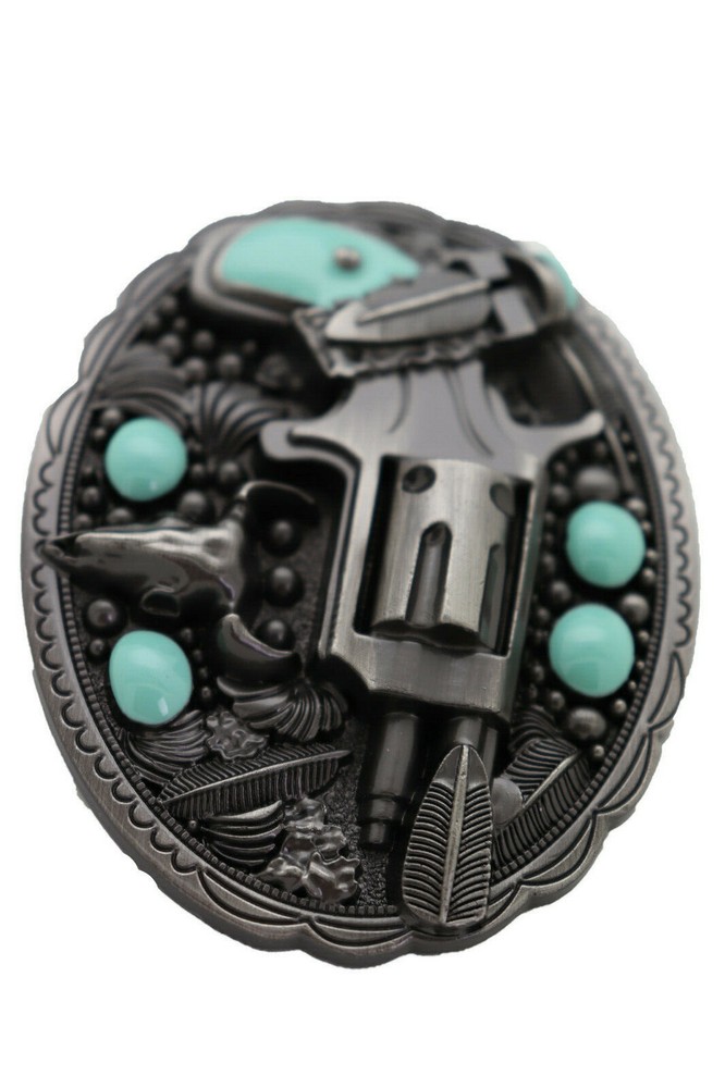 Men Western Buckle Dark Silver Color Metal Revolver Gun Feather Bull Turquoise