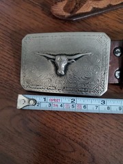 Vintage Belt Buckle Bull Head With Top Grain Leather Eagles Brown Belt