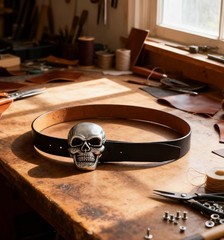 POSKLA Men&rsquo;s Skull Head Buckle Leather Belt Waist Band, Jeans Large, Black