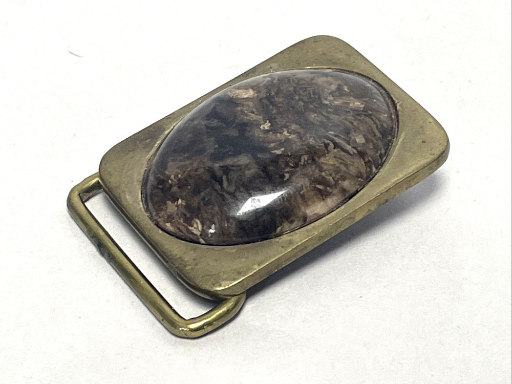 Vintage BTS Solid Brass Belt Buckle Brown Stone Cabochon Made USA 2&Prime; x 1.5&Prime; 79g