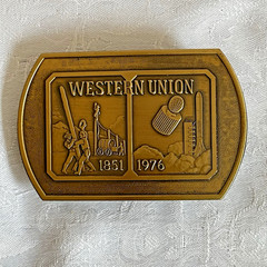 Vintage Western Union Belt Buckle 1851-1976 Brass Tone Telecom Anniversary