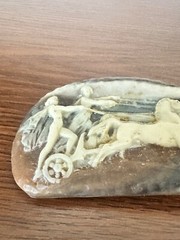Vintage Large Carved Cream & Brown Resin Woman and Man Chariot Horses Belt Buckl