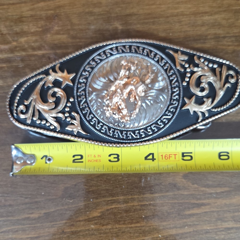 Oval Western Metal Belt Buckle Bull Rider Scroll Engraved Stars 1.5in