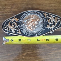 Oval Western Metal Belt Buckle Bull Rider Scroll Engraved Stars 1.5in