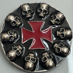 Round Skull Knights Templar Cross Belt Buckle Silver Tone Black Red Metal