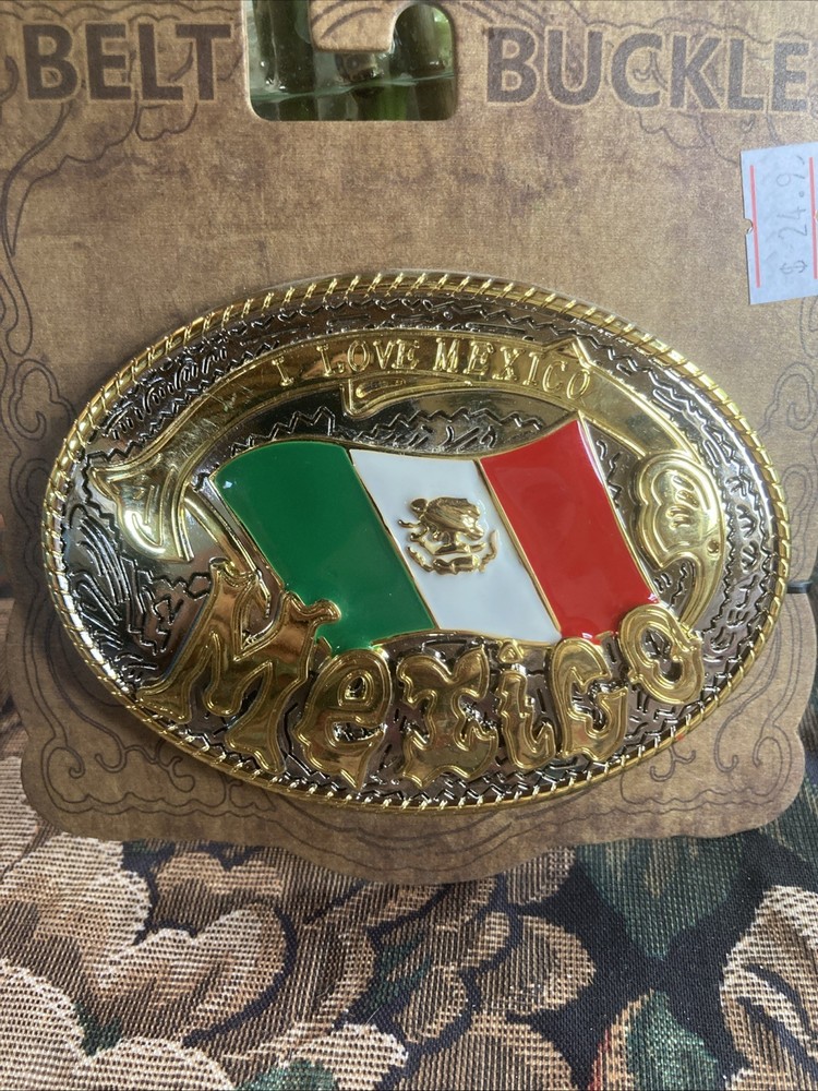 Silver And Gold Tone Metal/I Love Mexico W/ Flag Belt Buckle