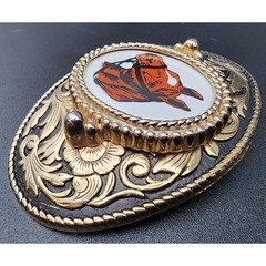 Vintage Brass Horse Head Belt Buckle with Porcelain Cameo 3.25&Prime; Western