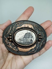 Vtg. 1970s Sailing Ship Belt Buckle W Birds. Brass Plated Metal. Ornate Edges.