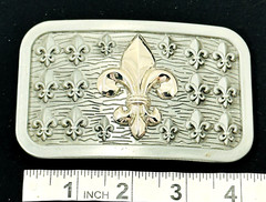 Belt Buckle Gold Tone Fleur De Lie Emblem on Silver Tone Rectangular