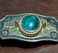 Vtg Southwestern Emerald Green Gem Stone Gold Tone With Black Belt Buckle