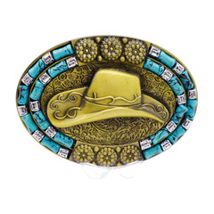 Men Antique Gold Metal Western Belt Buckle Cowboy Hat Turquoise Blue Color Beads