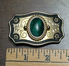 Vtg Southwestern Emerald Green Gem Stone Gold Tone With Black Belt Buckle
