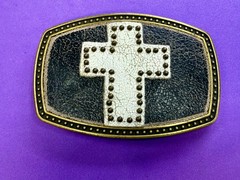 Metallic Theme Religious Cross Studded Design on White Faux Leather Belt Buckle