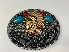 Native American Indian Chief in Head Dress Faux Turquoise & Coral Belt Buckle