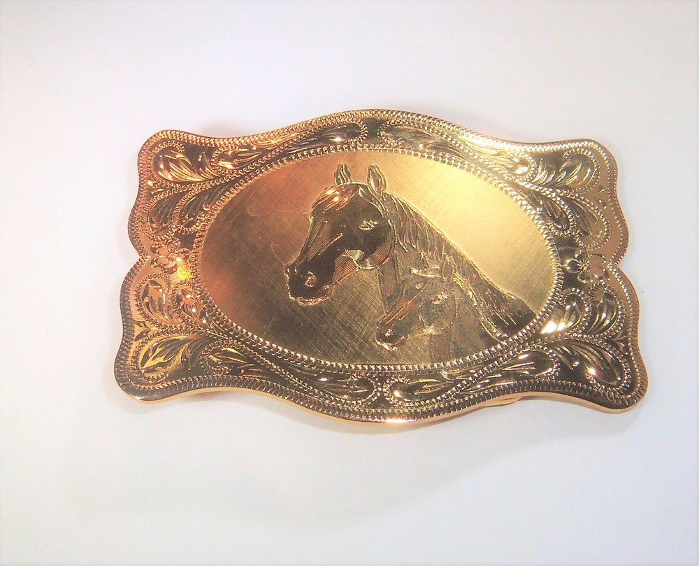 Belt Buckle Gold Tone Lazy K Horse and Foal Unisex 3.5&Prime; x 2.5&Prime;