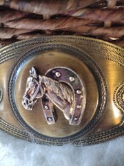 Vtg Horse Head Belt Buckle With Horseshoe Collar Brass Tone Japan