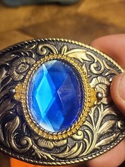 Western Style Belt Buckle Silver/Gold Tone Blue/purple Center Floral Pattern