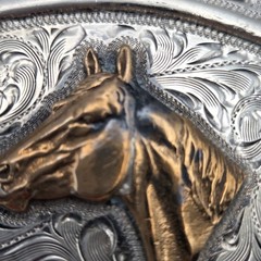 Men&rsquo;s Western Large Ornate Silver Overlay Belt Buckle With Copper Horse