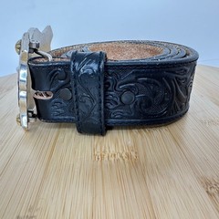 Vintage Justin Western Belt Longhorn Black Tooled Leather Gold Hued Stars Sz 40