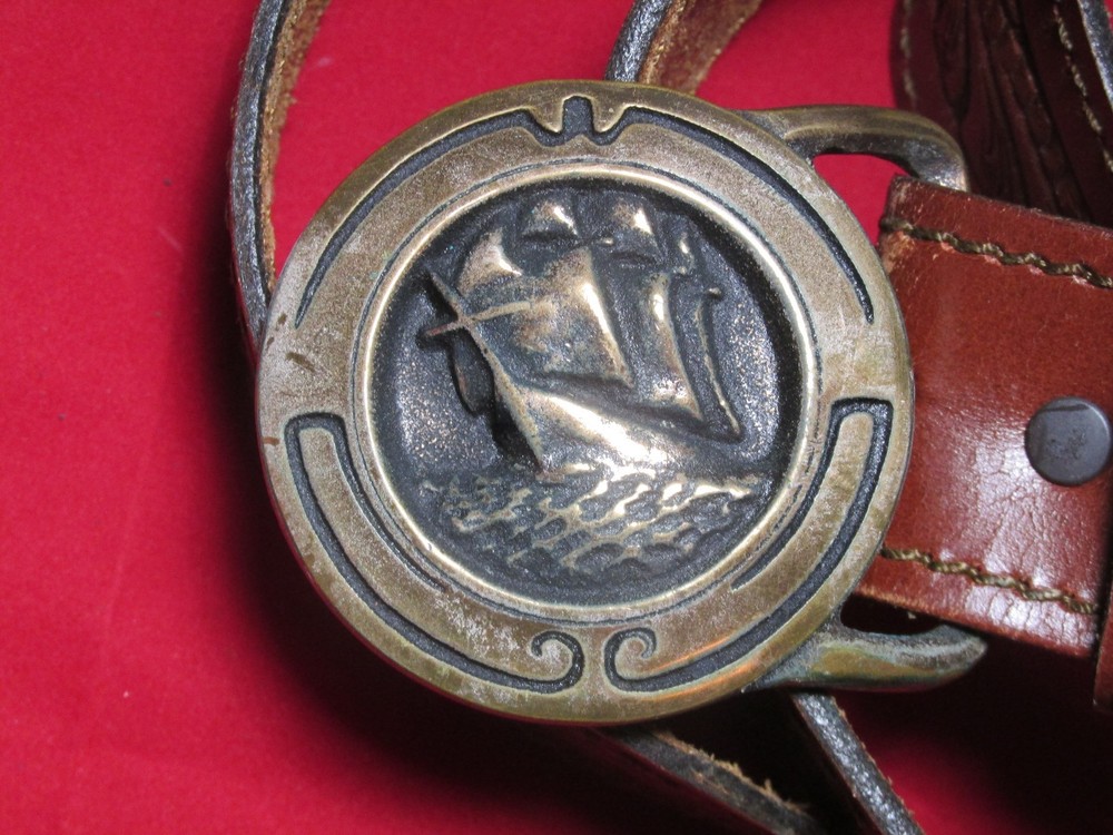 Vintage Tech Ether Guild Solid Brass Glory of the Seas 1974 Leather Belt
