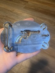 Vtg Revolver Horse Shoe Belt Buckle Gun Design Nickel Silver Plated Pre-owned